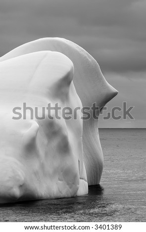Greyscale picture of a roundshaped Antarctic iceberg with a nose. Picture was taken during a 3-month research expedition.