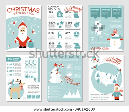 Collection of 6 Christmas cards. Infographics templates with Santa, deer, snowman, birds, Christmas tree, diagrams, map, icons. Flat vector illustration. Hipster cute modern style.
