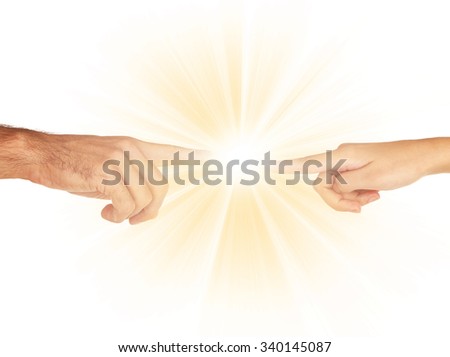 Women and men hand attracted to each other with light isolated on white