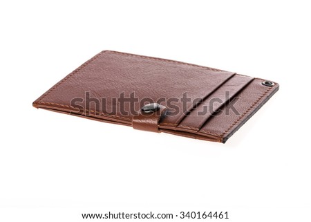 A brown and red leather name tag for employee card(name card) closeup isolated white.