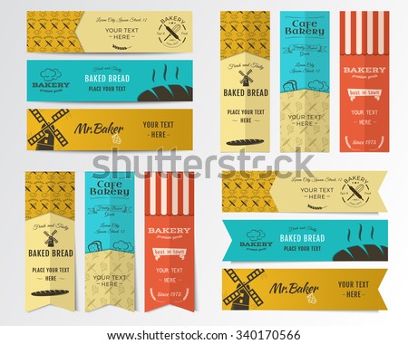 Vector Bakery banners. Shop, cupcake and cafe labels collection. Stickers set with fresh bread, windmill icons, logos, labels. Bakery products emblem design. Can be use in web or typography print