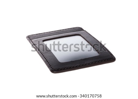 A black leather, plastic name tag for employee card(name card) closeup isolated white.