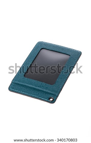 A emerald green leather, plastic name tag for employee card(name card) closeup isolated white.