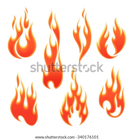 Fire flames of different shapes on white background. Vector illustration