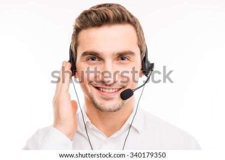 Young confident agent consulting clients on the phone