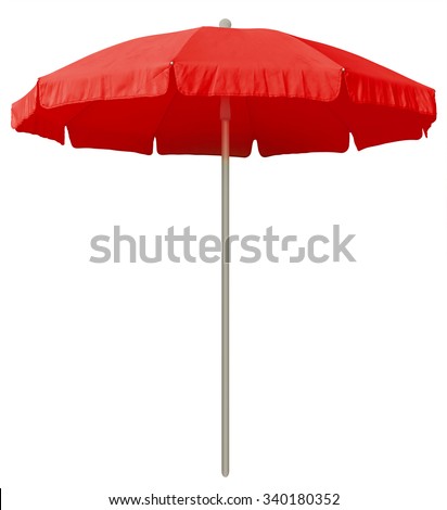 Red beach umbrella isolated on white. Clipping path included. Royalty-Free Stock Photo #340180352