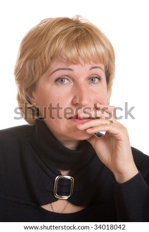 Portrait  mature woman in  black dress on  white background