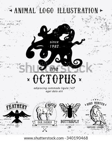Vintage set animal labels & badges. Retro vector design graphic element, emblem, logo, insignia, identity, logotype, poster. Icon of bird, octopus, ram, butterfly, crow. Hipster sign