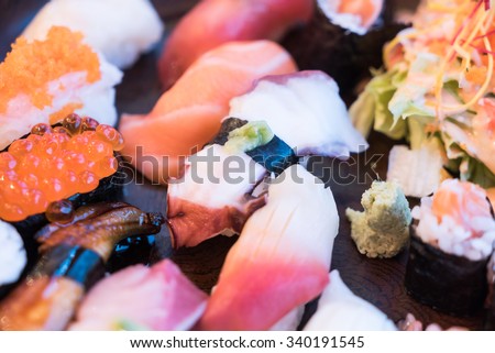 Soft focus on Nigiri sushi japanese food style - HDR Merge 3 Photos Processing