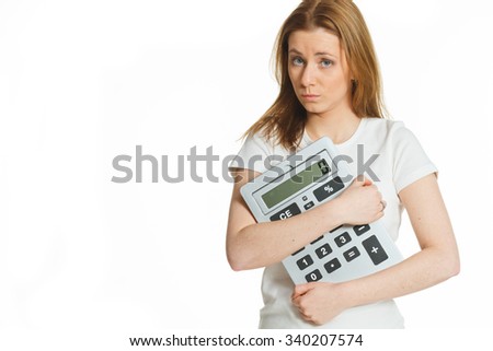 beautiful young woman with big calculator