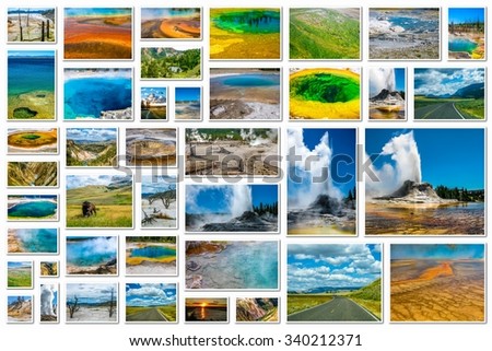 Yellowstone pictures collage of different locations landmark of hot spring with steam, geysers with eruptions and pools of thermophilic bacteria in Yellowstone National Park, Wyoming, United States.