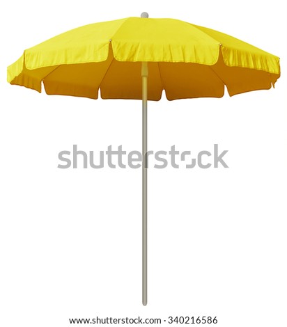 Yellow beach umbrella isolated on white. Clipping path included. Royalty-Free Stock Photo #340216586