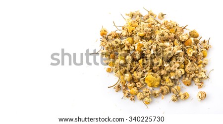 Dried chamomile herbal tea over white background