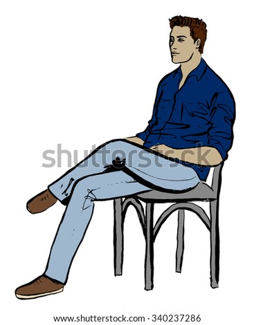 Fashion illustration of man sitting on chair in cafe. Ink hand drawn sketch isolated on white. Clip art