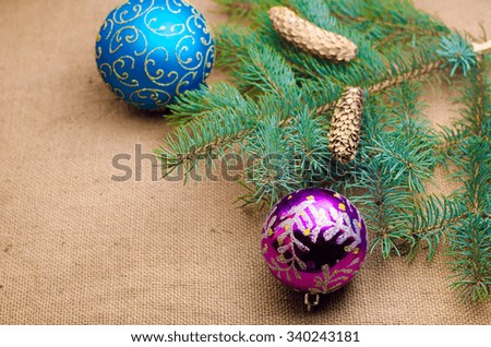 2016. Christmas cards,Christmas gifts and fir cones on a tree close-up background,horizontal photo