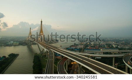 aerial view of bhumibol 2 bridge important modern landmark over chaopraya river in heart of bangkok thailand
