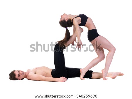 couple man and woman exercising fitness dancing, isolated on white in full length