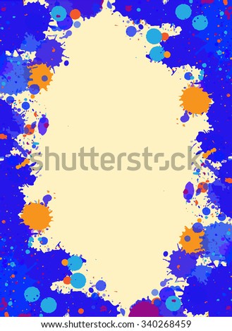 Dark blue with orange drops watercolor artistic splashes frame with room for text, vertical format.