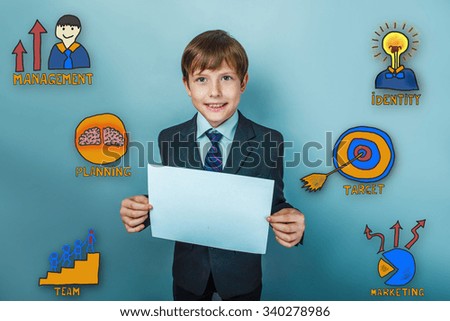 Teen boy businessman is smiling and holding a blank sheet of paper handed collection of business icons management team goal sketch
