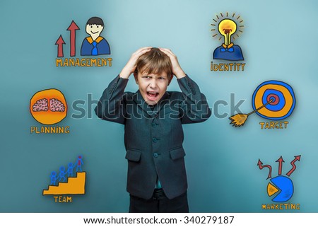 Teen boy businessman clutching his head in his hands and his mouth open screaming collection of business icons management team goal sketch
