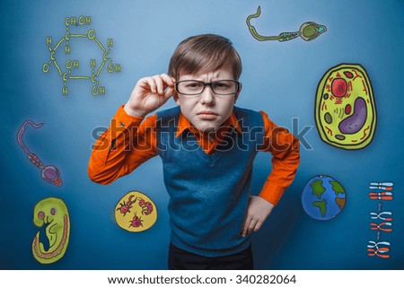 retro style boy holds hand glasses looking forward bent studying the biology education icon set form of the parasite embryo cells
