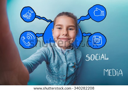 Selfe girl smiling close-up hands of social media infographics sketch Internet