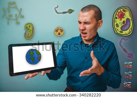 Male from in a blue shirt holding a plate and points to his arm twisted unhappy face icon set Education biology 