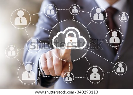 Businessman push web button cloud lock sign