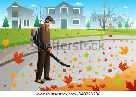 A vector illustration of man using blower to clean up leaves during fall season using a blower