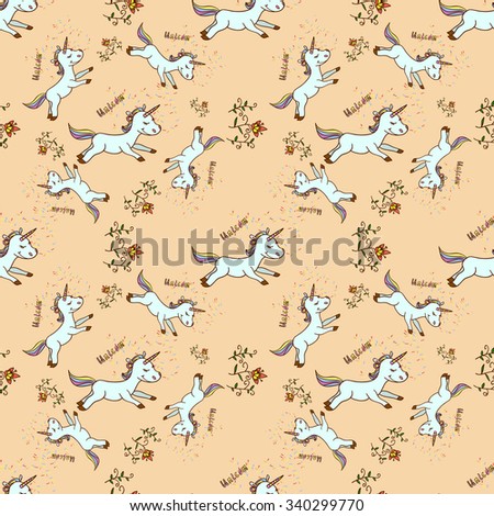 Seamless cartoon baby unicorn pattern with handmade sign unicorn and sparkles for your design