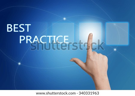 Best Practice - hand pressing button on interface with blue background.