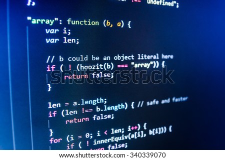 Software developer programming code on computer. Abstract computer script source code. Shallow depth of field, selective focus effect. Code text written and created entirely by myself.