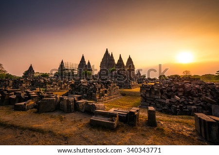 Dramatic and dynamic Sunset at Prambanan Temple of Yogyakarta Royalty-Free Stock Photo #340343771