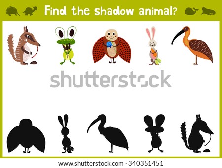 Cartoon Vector Illustration of Education Shadow Matching Game for Preschool Children find the shade for five cute animals. All pictures are isolated on white background. Vector illustration