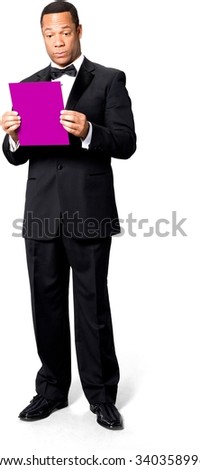 Serious African man with short black hair in evening outfit using medium sign - Isolated
