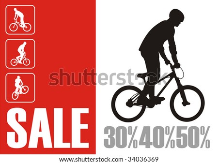 Modern composition with the bicyclist. In the center the silhouette of the bicyclist is located. Nearby there is a red rectangle with inscription SALE.