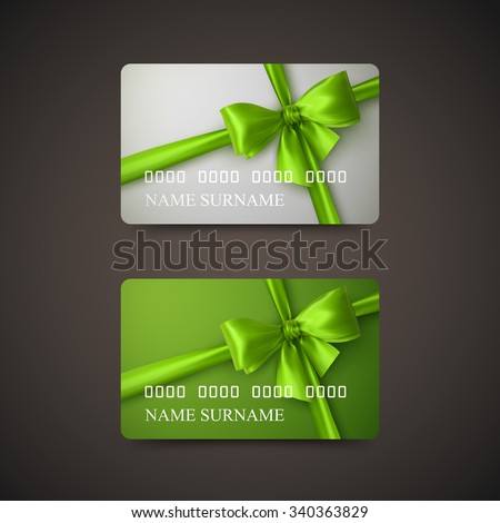 Gift Cards With Green Bow And Ribbon. Vector Illustration. Gift Or Credit Card Design Template