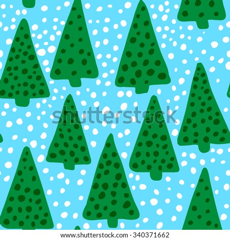 Christmas seamless pattern. Simple retro pattern of christmas tree. Arrow tree. Snow. Snowflakes. Polka dot.