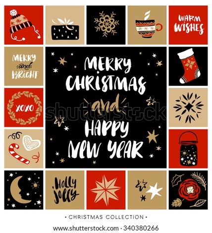 Merry Christmas and Happy New Year. Christmas greeting card with calligraphy. Handwritten modern brush lettering. Hand drawn design elements.