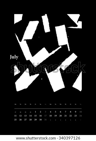 2016 Calendar July. The sounds of the year. Hand drawn grayscale spot illustrations. Full vector EPS 10.