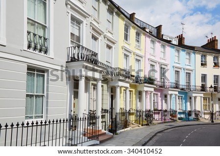 Colorful London houses in Primrose hill, english architecture Royalty-Free Stock Photo #340410452