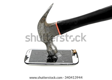 Hitting with hammer to phone screen on white background