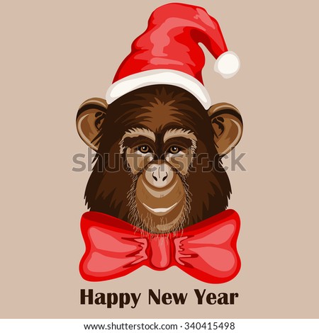 monkey portrait in Santa's hat and with bow