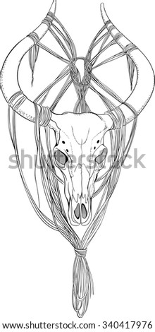 black and white animal skull with horns in graphic style decorated with ropes