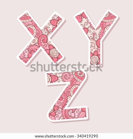 Floral alphabet design in pink colors on a grey background