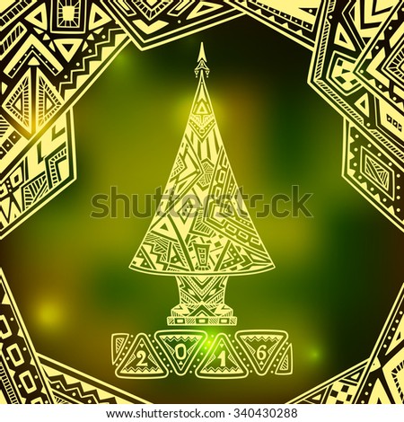 Christmas Tree in Zen doodle style  on blur background in green city Lights creative Post Card or for decoration  of window, door in shop or for  decoration  Christmas or New Year things