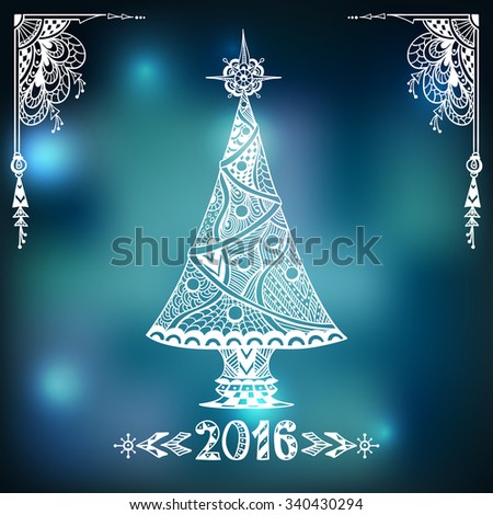 Christmas Tree in Zen doodle style  on blur background in blue city Lights creative Post Card or for decoration  of window, door in shop or for  decoration  Christmas or New Year things