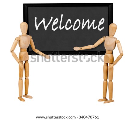 two mannequins pointing to blank blackboard stating 'welcome'