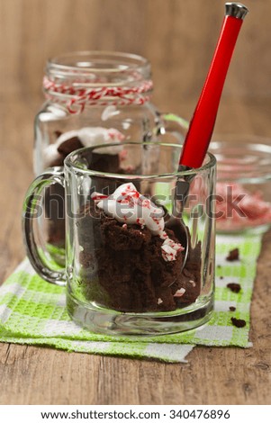 Chocolate Cake with Peppermint Candy Cane. Selective focus.