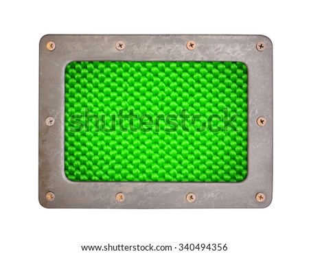 Green fiber background plate with metal frame and screws